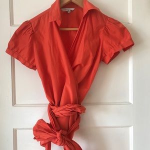 Zara Orange Short Sleeve Wrap Blouse Size L VGUC